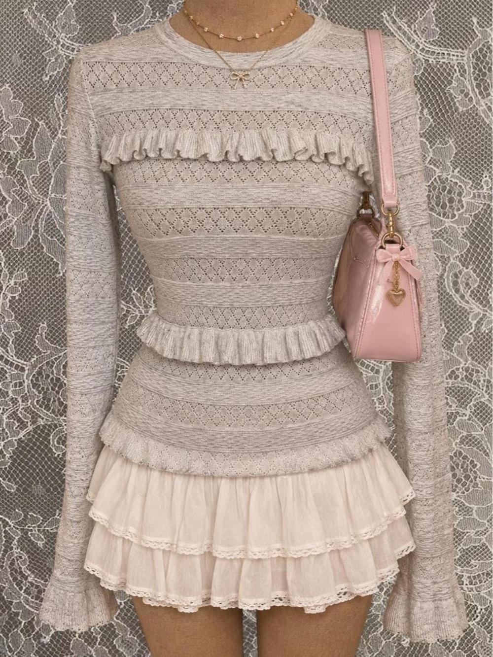 Ella Moss Grey Pointelle Knit Ruffle Trim Long Sleeve Sweater Top Sz S - Picture 1 of 6